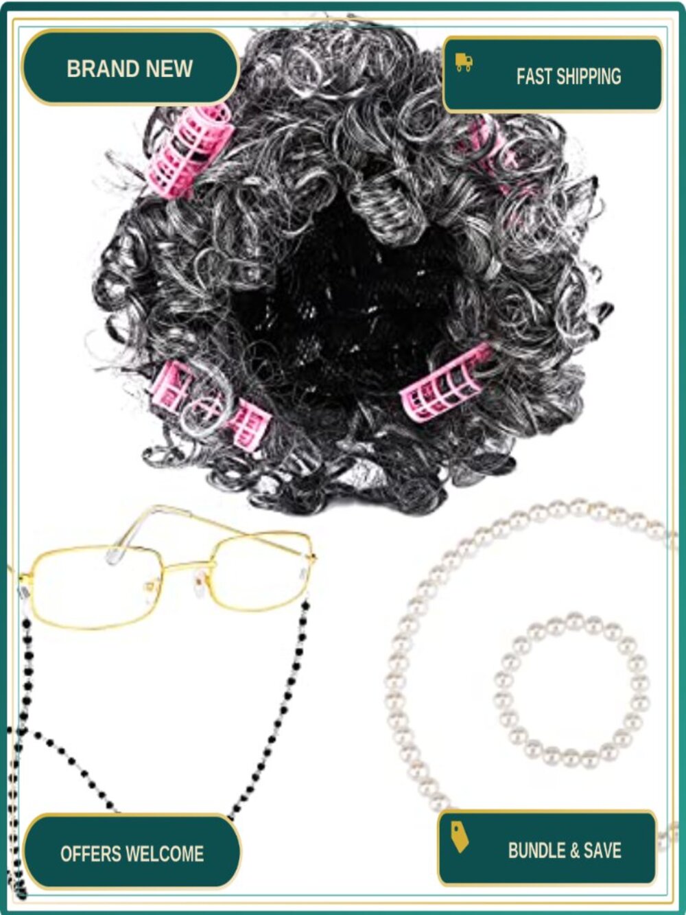 Kids Old Lady Wig Costume Set Grandma Curly Wig Hair Rollers Glasses Chain